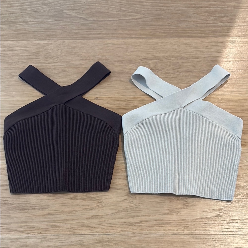 Babaton Stylish Black and Cream Women's Cross-Strap Tops. Size Xs